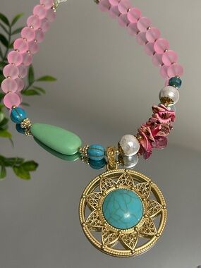 Boho Pink and Turquoise Pendant Necklace with Gold Filigree